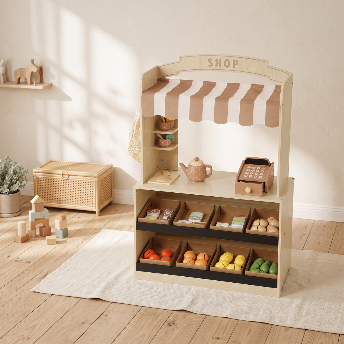 Marchande Enfants en Bois, Caisse Enregistreuse, Aliments Factices, Tableau à Craie et 61 Accessoires, pour 3 à 8 Ans-1