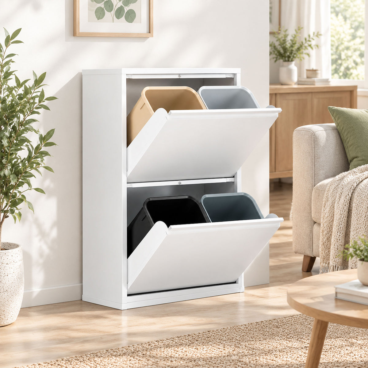 Meuble Poubelle de Tri Sélectif 60 L (4 x 15 L), 4 Compartiments, Fermeture Amortie, Seaux Intérieurs Amovibles, Blanc-1