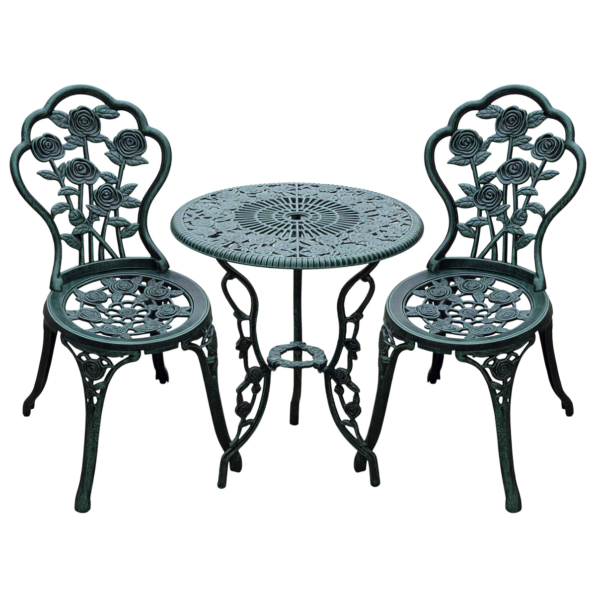 Ensemble Salon de Jardin 2 Places 2 chaises + Table Ronde Style néo-rétro Motif Rose Lignes fuselées Fonte-0