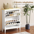 Meuble à chaussures 14 paires bohème avec 2 tiroirs rabattables, portes effet cannage rotin, 80 x 24 x 95,5 cm, blanc-4