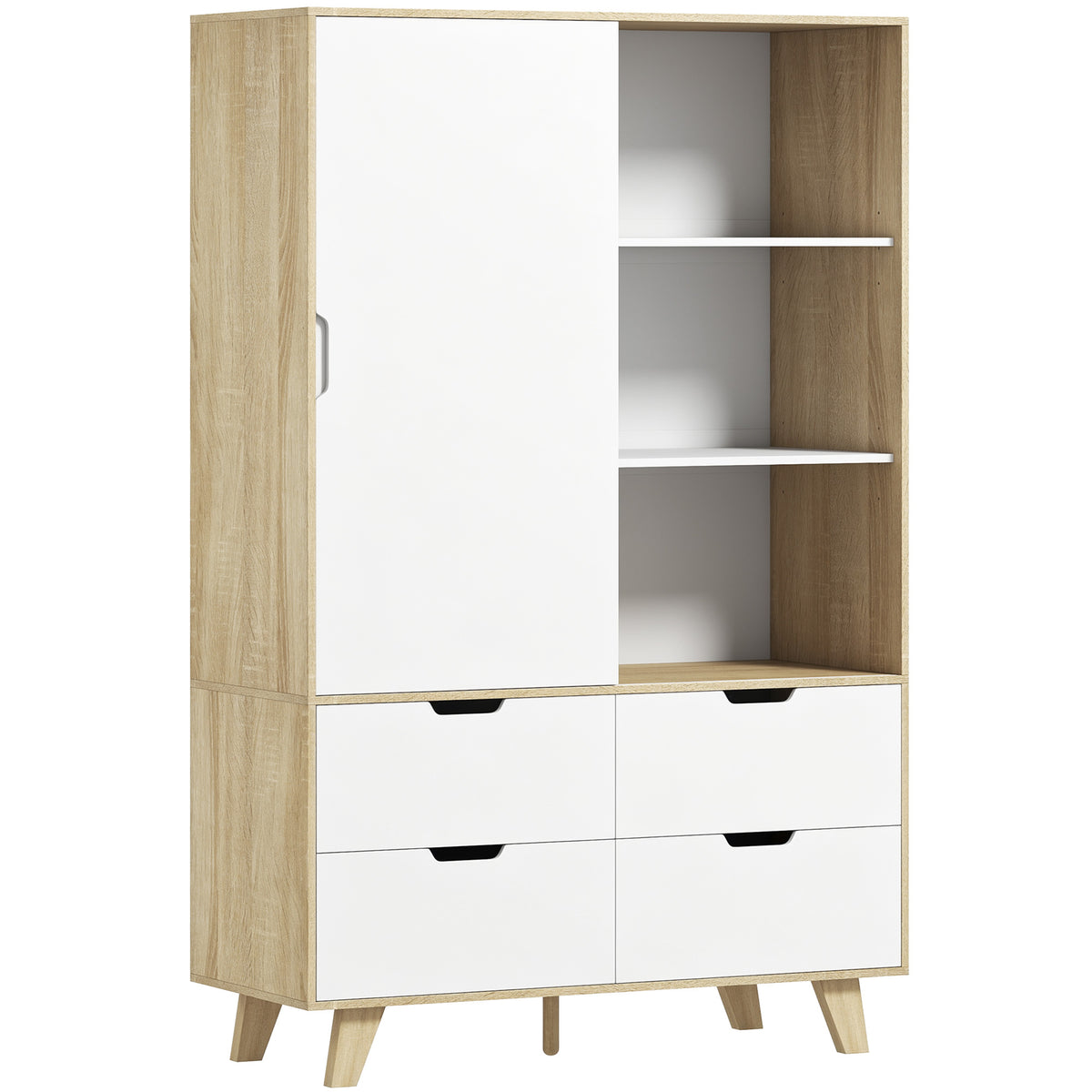 Armoire Chambre Penderie, 2 Portes Coulissantes, 4 Tiroirs, Barre de Suspension, Étagères Réglables, Chêne et Blanc-0