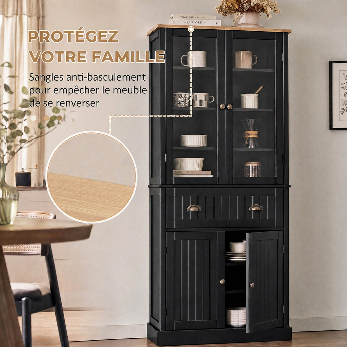 Buffet meuble cuisine rangement armoire de cuisine 4 portes dont 2 portes vitrées et 1 tiroir étagères réglables - noir-5