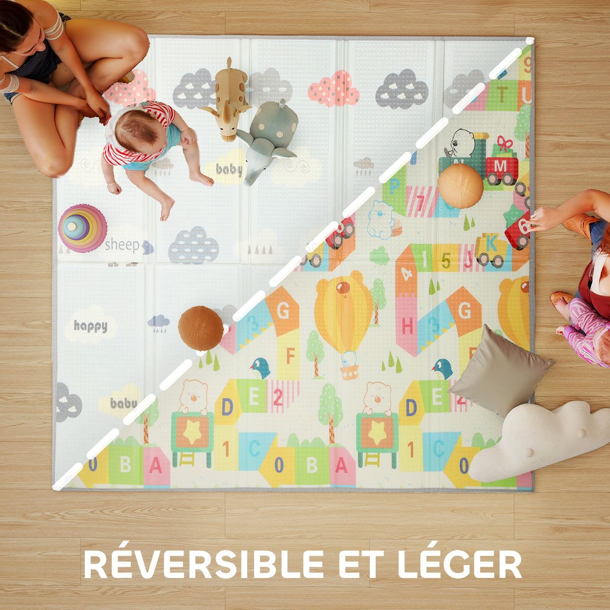 Tapis de jeu pour bébé pliable et réversible, tapis de sol en mousse épais, 200 x 180 x 1,5 cm, multicolore-3