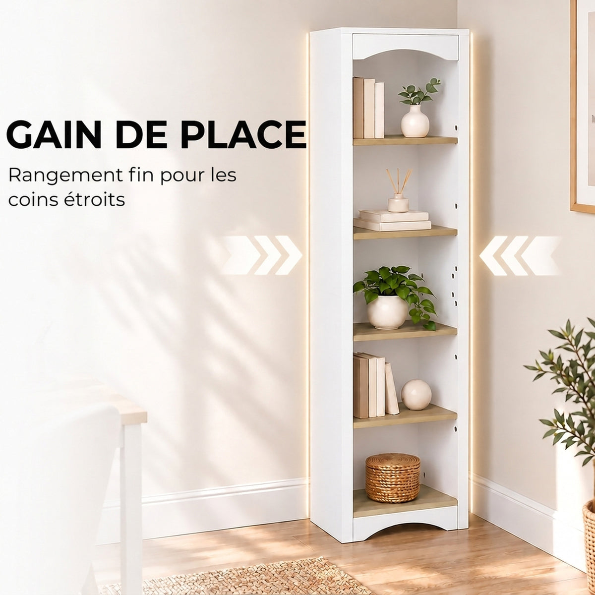 Bibliothèque Arquée 5 Niveaux, Étagère à Livres, Meuble de Rangement, Étagères Réglables, 50x30x183cm, Blanc et Chêne-3