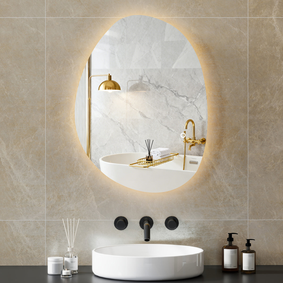 Miroir de Salle de Bain Asymétrique LED 70 x 50 cm - 3 couleurs, anti-buée, montage mural avec interrupteur tactile-9