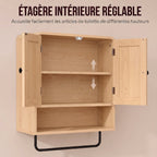 Armoire murale de salle de bain, meuble de rangement suspendu avec 2 portes, étagère ouverte, porte-serviettes, chêne-5