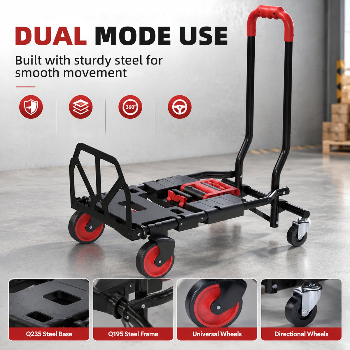 Diable et Chariot de Transport à Roulettes Pliable 2-en-1, Charge Max 120 kg, Base Rabattable, Acier, 83x44x78cm, Rouge-7