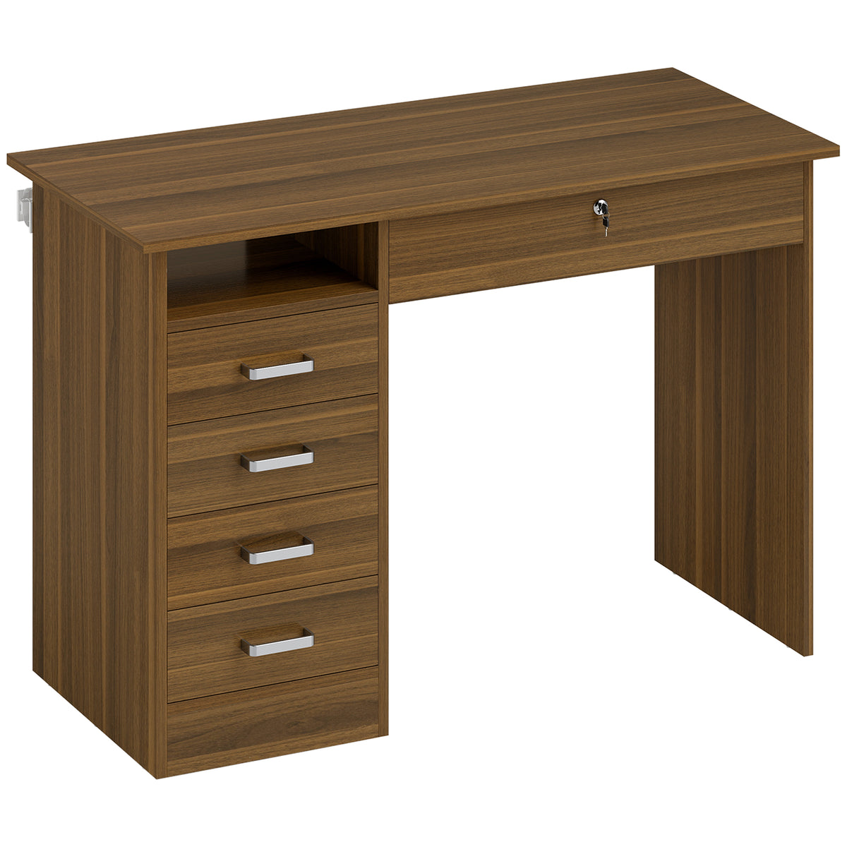 Bureau Informatique avec 5 Tiroirs, 110 x 50 cm, Bureau avec Rangement, Étagère Ouverte, Tiroir Verrouillable, Noyer-0