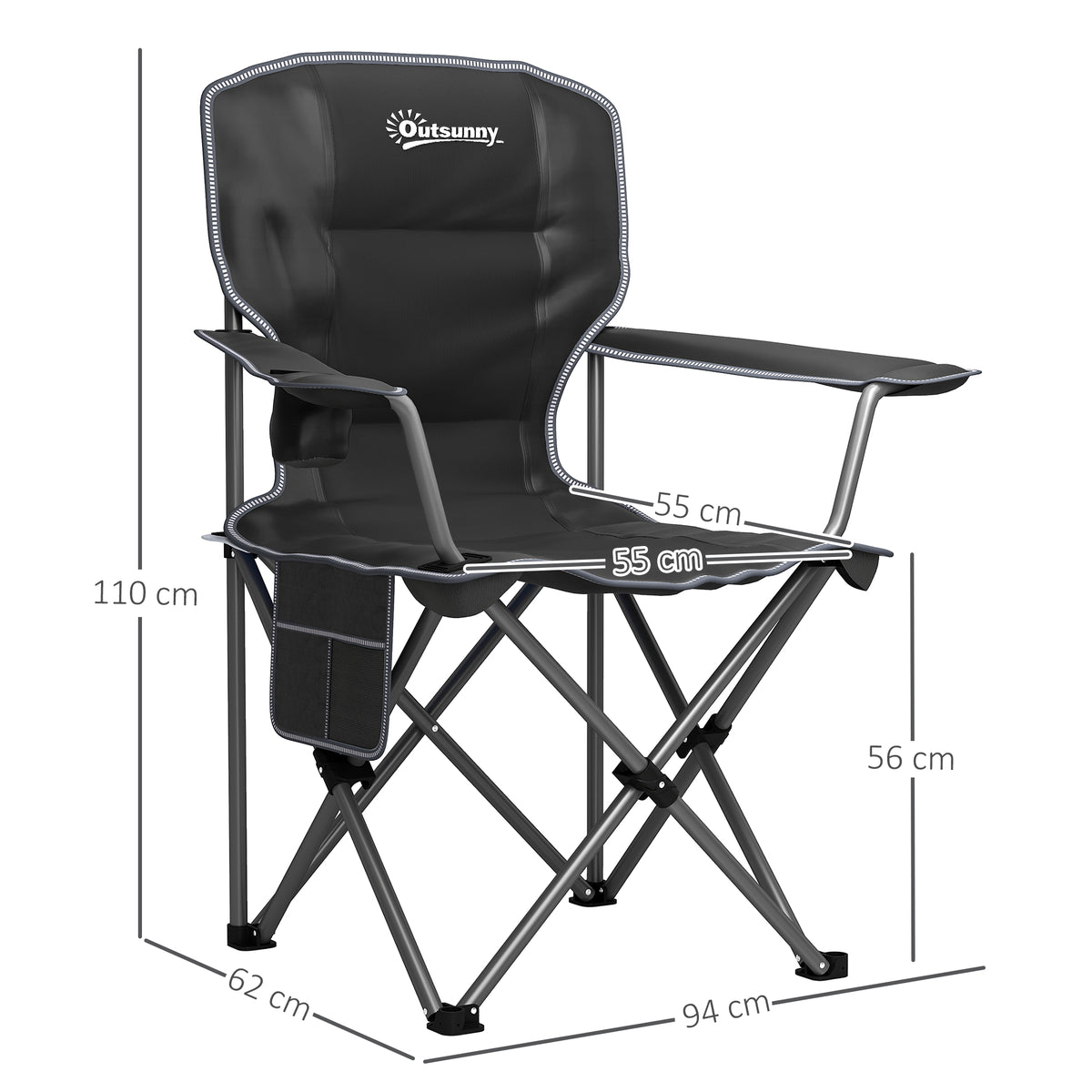 Chaise de camping pliante et portable avec porte-gobelets, poches latérales et sac de transport, noir-2