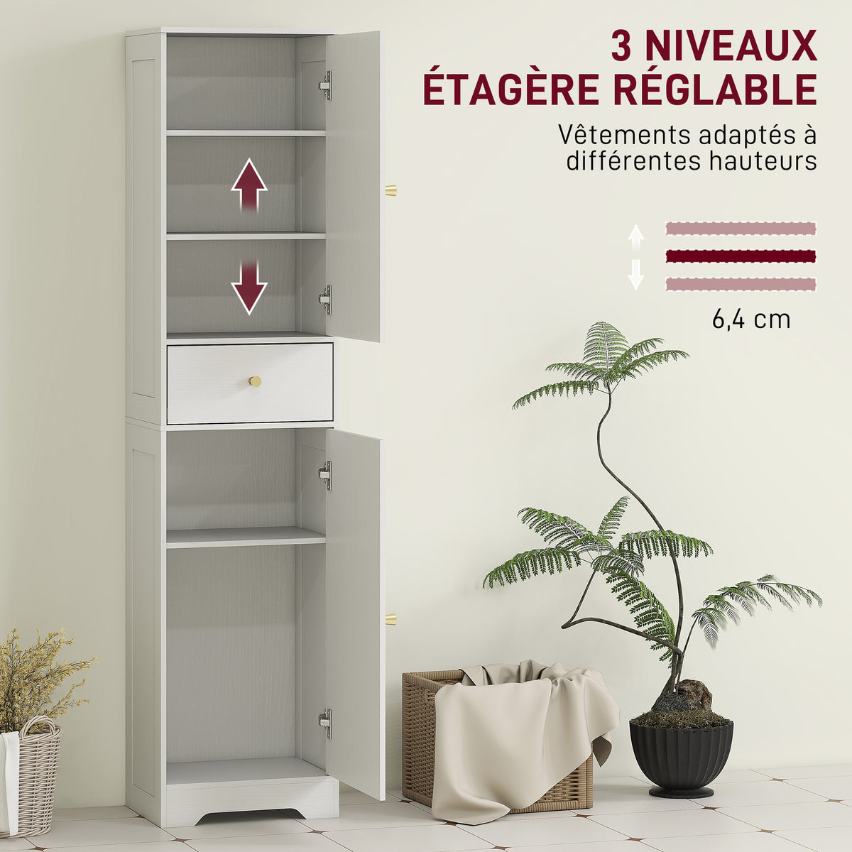 Armoire salle de bain haute meuble de rangement colonne avec placards tiroir et étagères réglables 40x29,5x170cm blanc-4