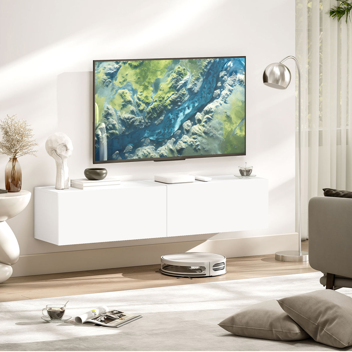 Meuble TV suspendu pour téléviseur jusqu'à 45 55 65 pouces avec 2 placards à portes, 140 x 33 x 29,8 cm, blanc-1