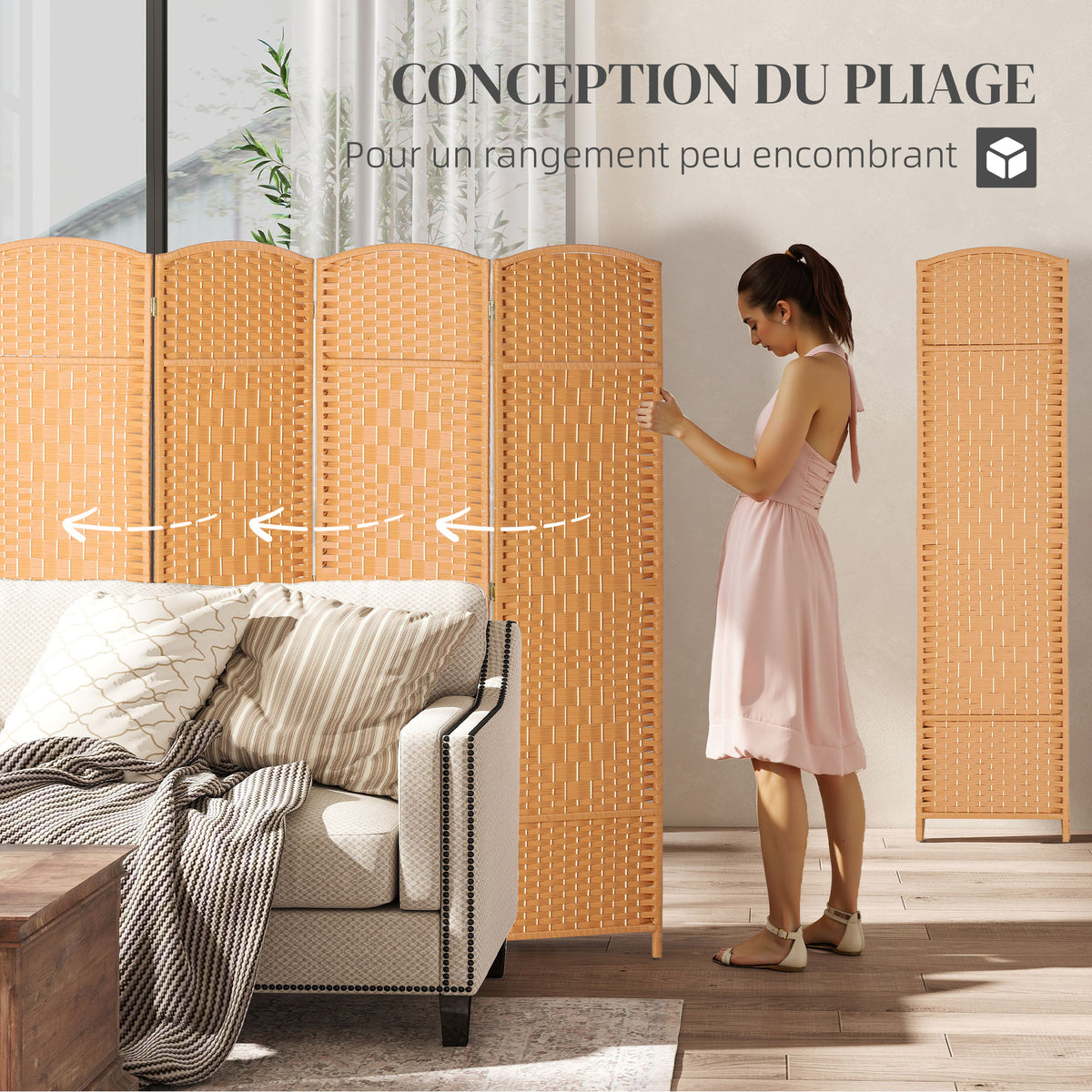 Paravent intérieur en bois 4 panneaux séparateur de pièce pliable pour salon chambre 180 x 180 cm brun clair-3