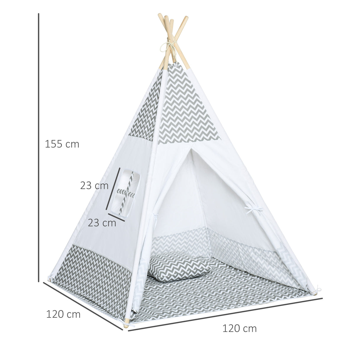 Tente Teepee Indien Tente de jeu pour Enfant Style Graphique - dim. 1,2L x 1,2I x 1,55H m - Porte refermable Fenêtre Tapis Coussin Sac Transport Inclus - à l'Intérieur à l'Extérieur Gris Blanc-2