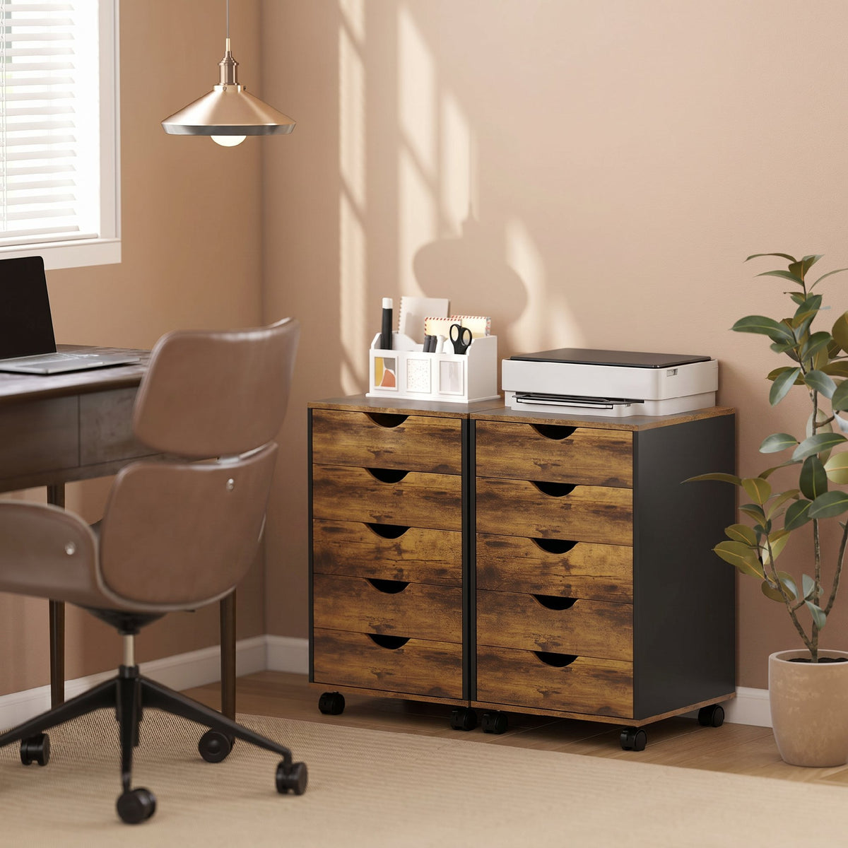 Caisson bureau mobile, meuble rangement sur roulettes avec 5 tiroirs, bois, 40 x 40 x 67 cm, marron-6