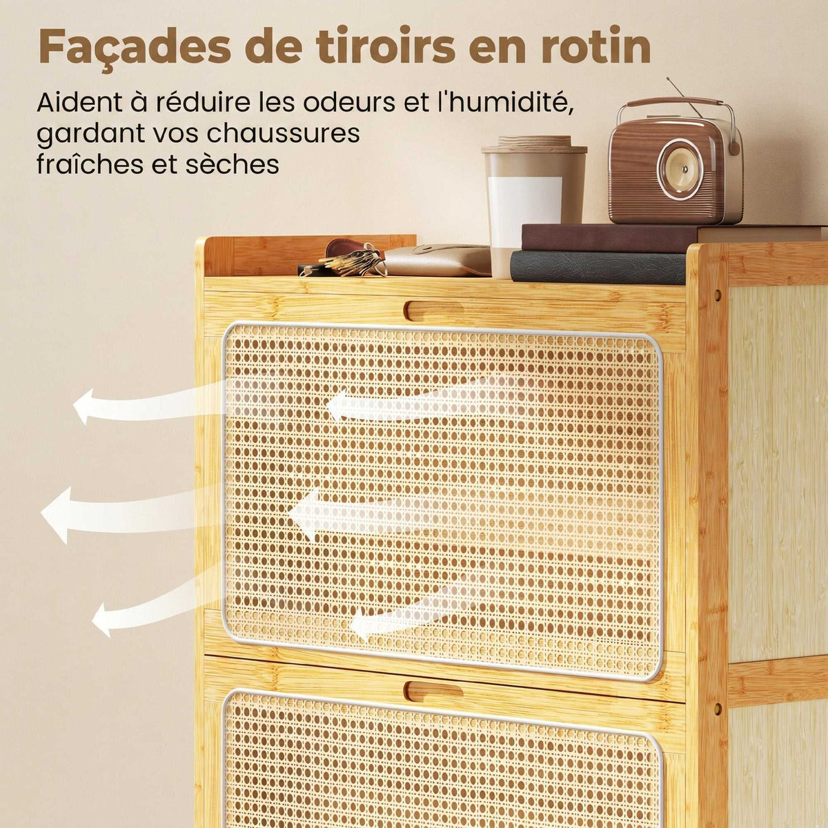 Meuble à chaussures 14 paires, armoire à chaussures 2 tiroirs rabattables, étagères réglables, 69x29x83cm, bois naturel-7