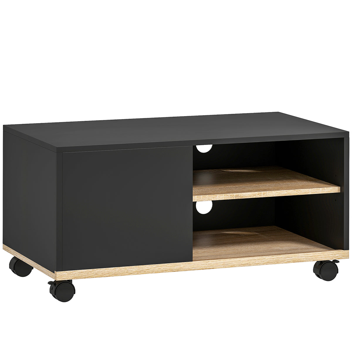 Meuble TV sur roulettes avec 2 Freins - 2 niches + Placard Porte 2 Passe-Fil - en bois Noir chêne Clair-0