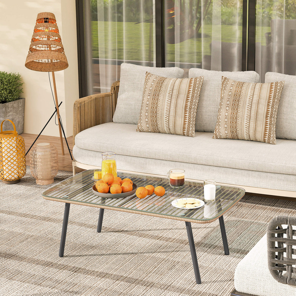 Table basse de jardin avec plateau verre trempé 5 mm, table d'appoint pour extérieur, cadre en acier, effet bois naturel-1