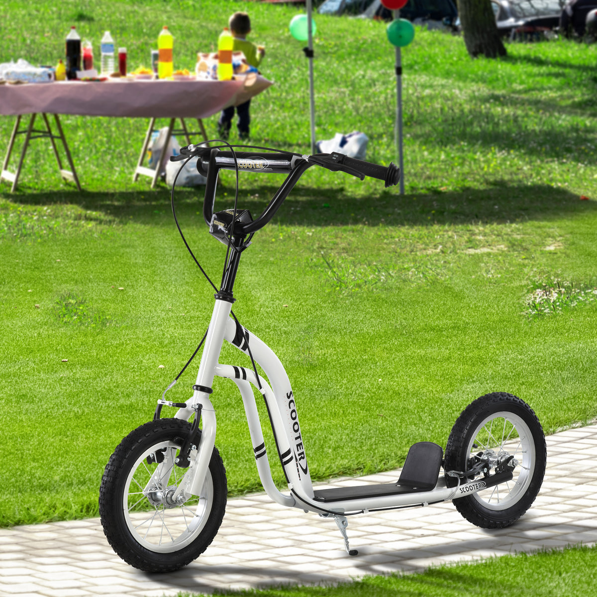 Trottinette enfants, grandes roues pneumatiques 12 pouce en caoutchouc, charge 100 kg, trottinette tout terrain avec double freins, hauteur réglable et béquille latérale, 5 à 12 ans, blanc-9