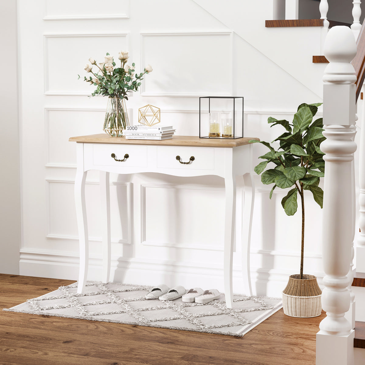 Table Console Table d'entrée Bout de Canapé Style Mexicain 2 tiroirs dim. 87L x 34l x 78H cm MDF Bois Massif pin Clair Blanc-1