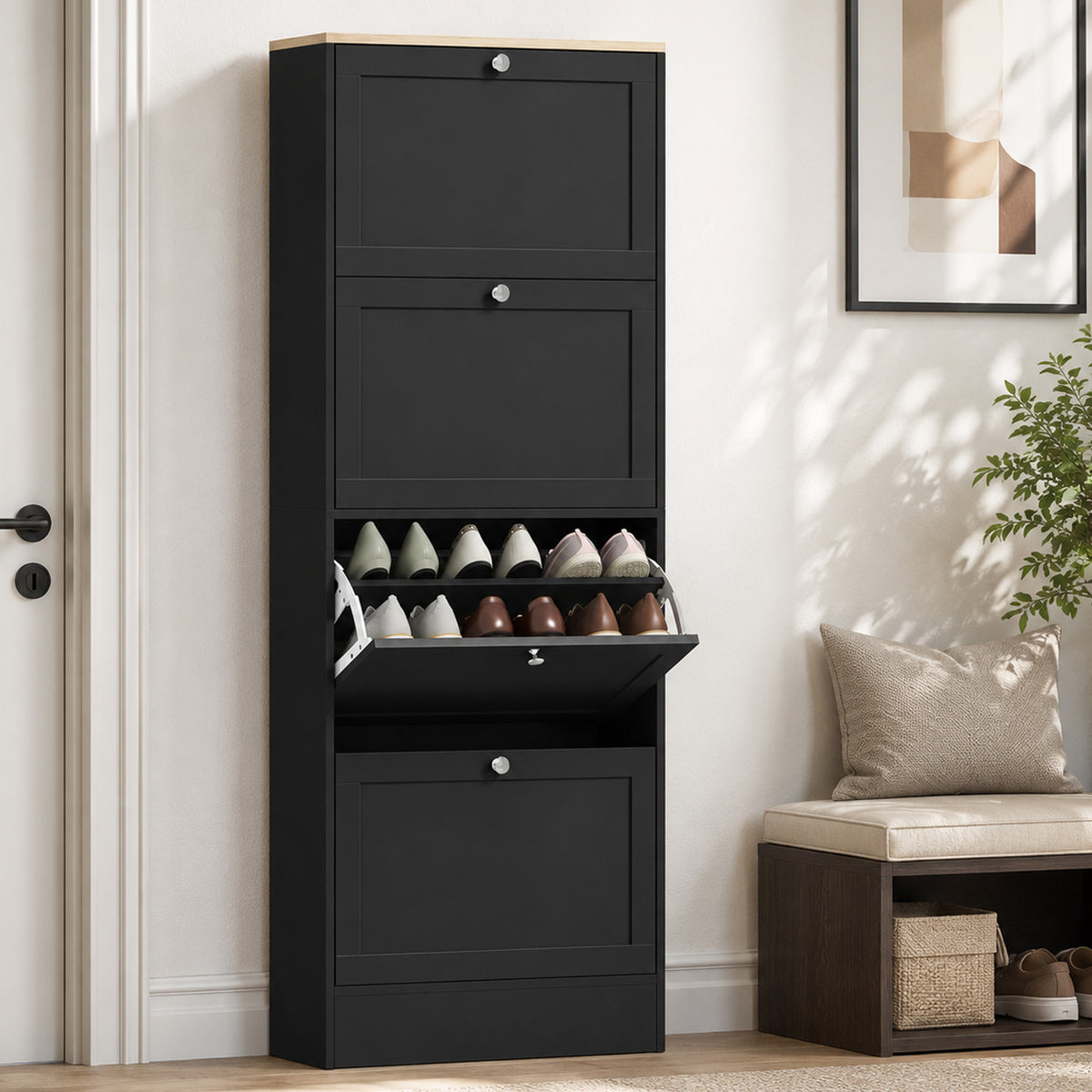 Meuble à chaussures 24 paires, armoire à chaussures avec 4 tiroirs rabattables, étagères réglables, 60x23,5x153cm, noir-8