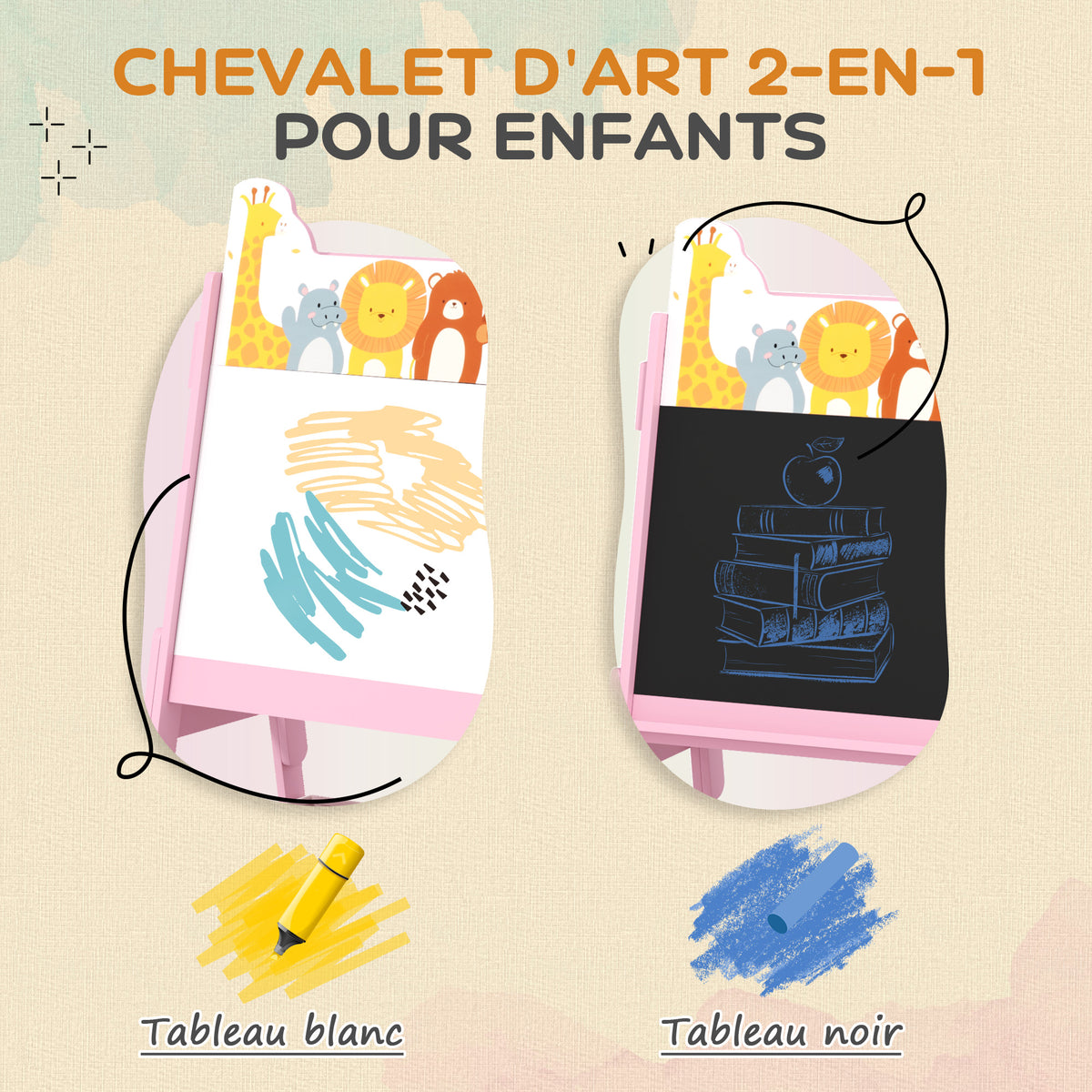Tableau enfant chevalet enfant double face 2 boîtes de rangement pour enfants 3 - 8 ans 49 x 53,5 x 113 cm rose-3