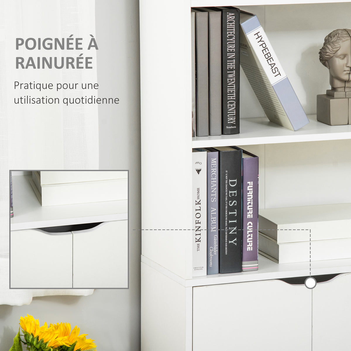 Bibliothèque Armoire à livres avec 4 compartiments ouverts et 2 portes pour le salon et le bureau 59x29x180 cm Blanc-5