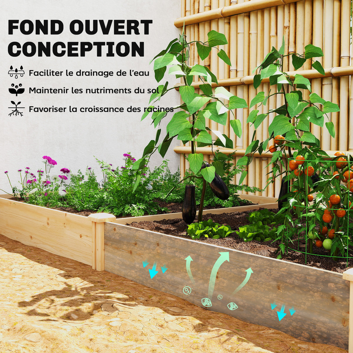 Carré Potager de jardin en Bois massif, Jardinière Surélevé avec séparateur, 235 x 121 x 26 cm, effet Bois Naturel-4