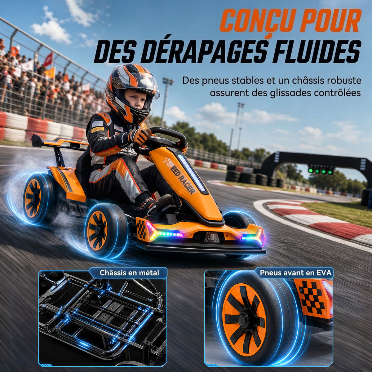 Kart Électrique pour Enfants 12 V, Go Kart, 2 Moteurs, Siège Réglable, Batterie au Lithium, Démarrage Progressif, Orange-3