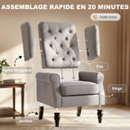 Fauteuil de salon capitonné avec assise large, pieds en bois, style classique, grand confort, 74 x 86 x 102 cm, gris-6