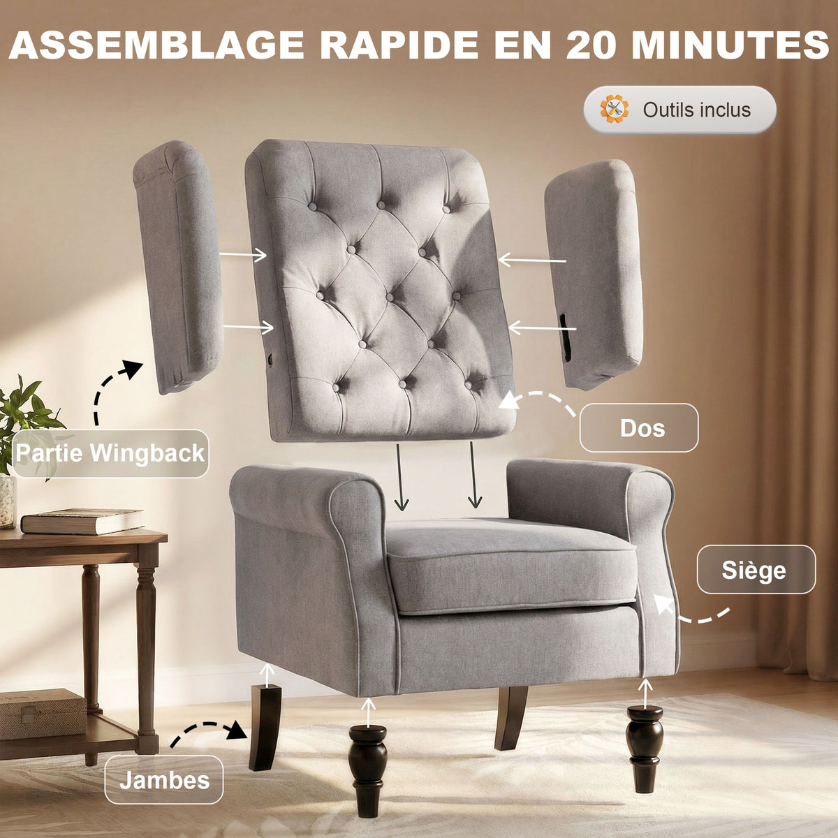 Fauteuil de salon capitonné avec assise large, pieds en bois, style classique, grand confort, 74 x 86 x 102 cm, gris-6