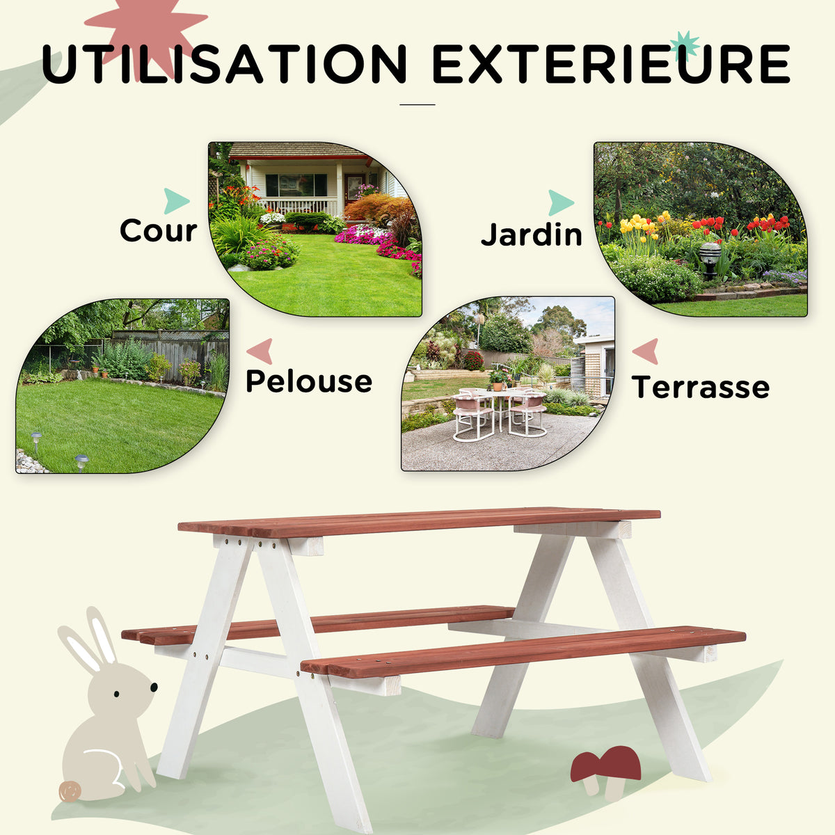 Table de pique-nique pour enfants avec bancs en bois massif table enfant pour le jardin 89 x 79 x 50 cm marron et blanc-3