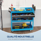 Chariot d'atelier servante atelier à 3 niveaux avec tiroir, porte-outils latéral et poignée, 82x35x76 cm, bleu-5
