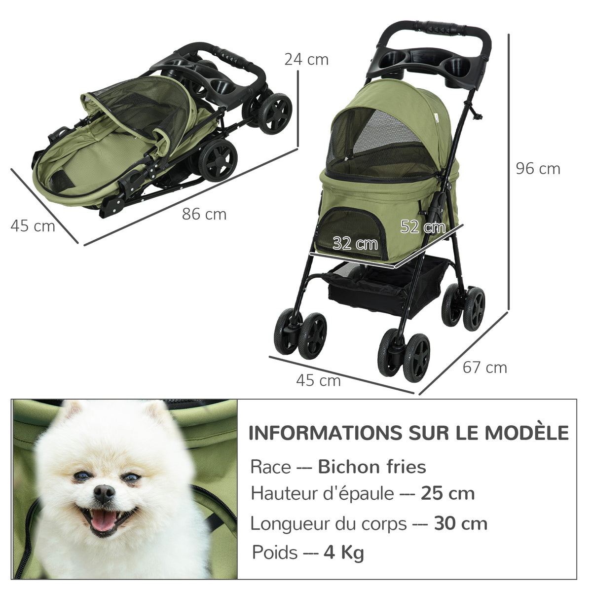 Poussette buggy pliable chien chat panier rangement porte-gobelets tissu 300D Oxford imperméable 4 roues vert-2
