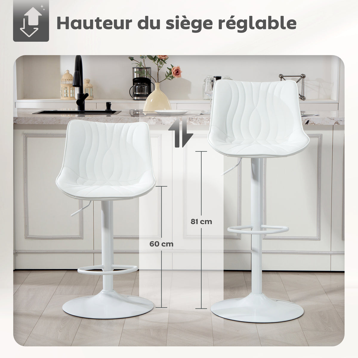 Lot de 2 tabourets de bar, chaises de bar structure en acier hauteur réglable 92-110 cm, dossier repose-pieds blanc-6