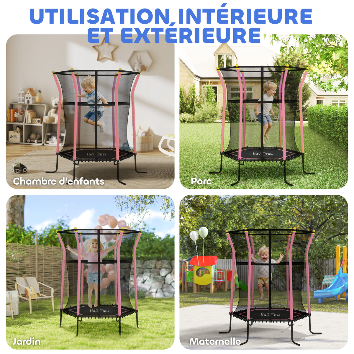 Trampoline pour enfant 1,22 x 1,11 x 1,9 m filet de sécurité porte zippée 6 poteaux rembourrés inclus rose noir-6