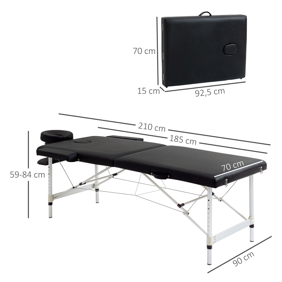 Table de massage pliable portable + housse de transport charge max. 225 Kg hauteur réglable 210 x 90 cm noir-2