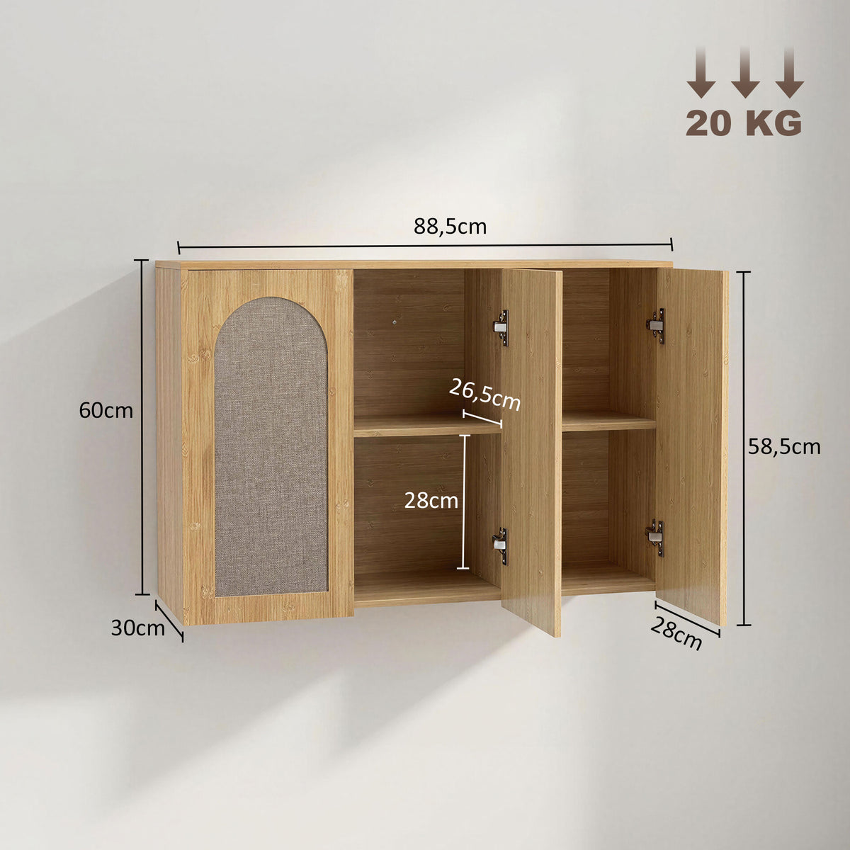Armoire murale de salle de bain bohème avec 3 portes effet rotin à fermeture douce et étagère réglable, chêne-2