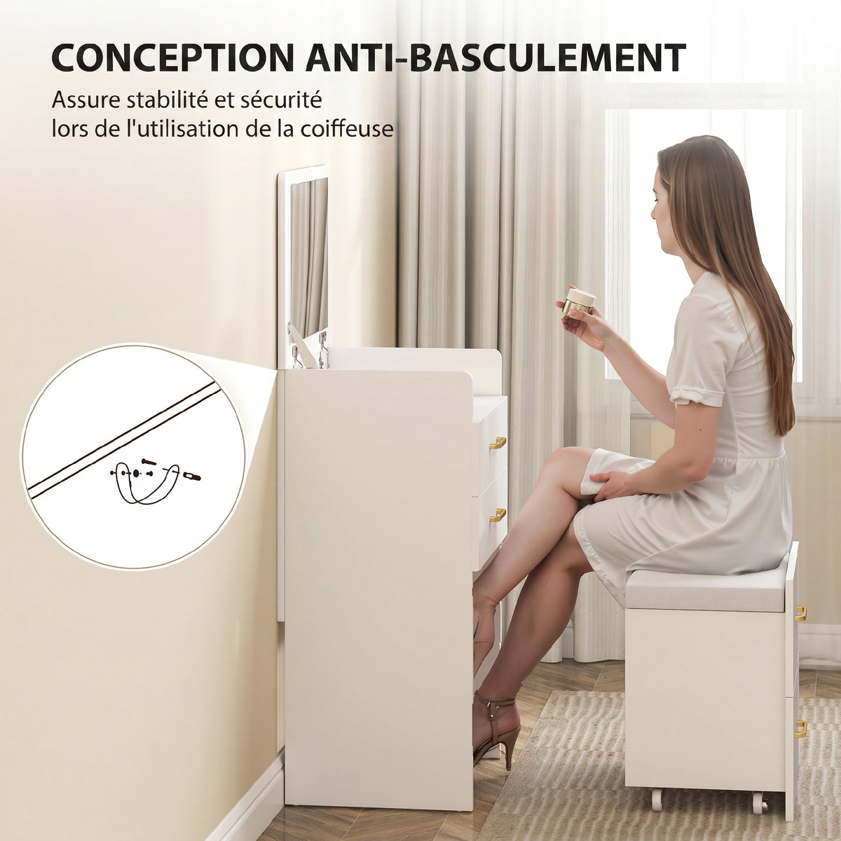 Coiffeuse avec miroir et tabouret 3 en 1, 3 tiroirs et plateau en verre visible, coussin rembourré, 48 x 40 x 90 cm, blanc-6