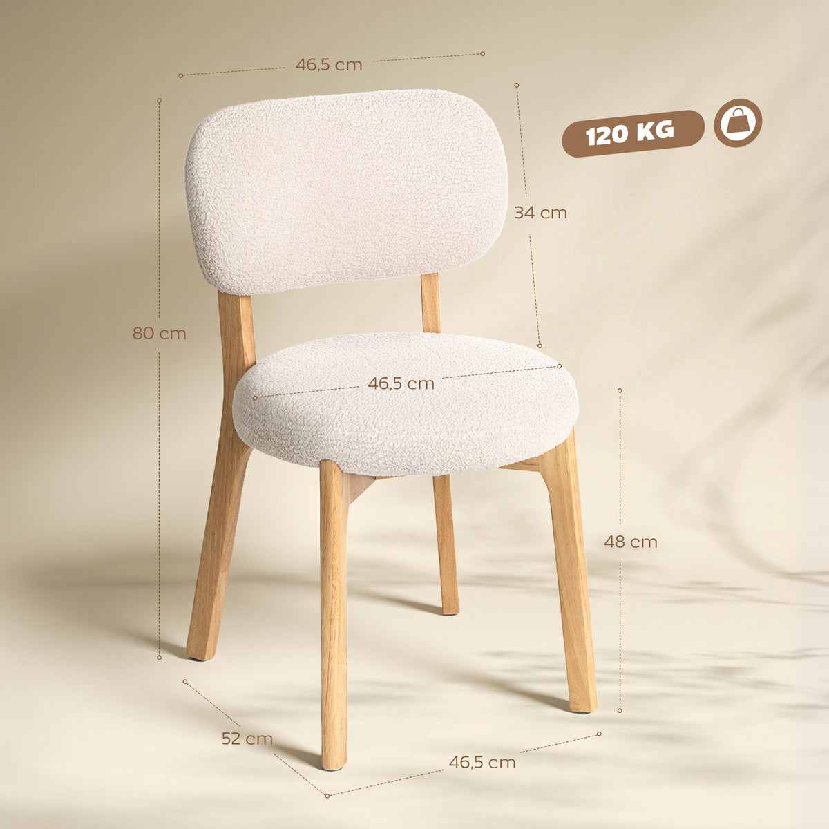 Lot de 2 chaises de salle à manger, chaises de cuisine rembourrées, pieds en bois d'hévéa, 46,5 x 52 x 80 cm, crème-2