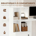 Bureau d'ordinateur avec bibliothèque 4 compartiments et tiroir verrouillable, 126 x 50 x 109 cm, grain de bois blanc-3