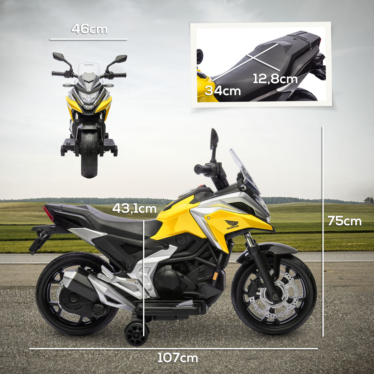 Moto électrique pour enfants moto porteur Honda pour enfants 3 à 6 ans avec musique, phares jaune-2