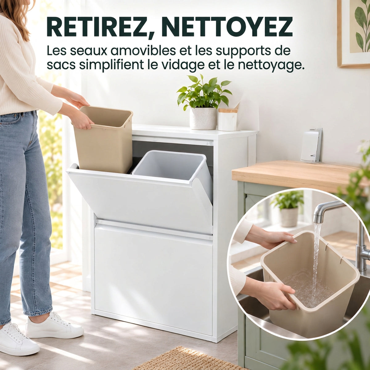 Meuble Poubelle de Tri Sélectif 60 L (4 x 15 L), 4 Compartiments, Fermeture Amortie, Seaux Intérieurs Amovibles, Blanc-6