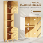 Armoire salle de bain, meuble de rangement colonne, portes en bambou, étagères réglables, 32x30x170cm, bois naturel-4