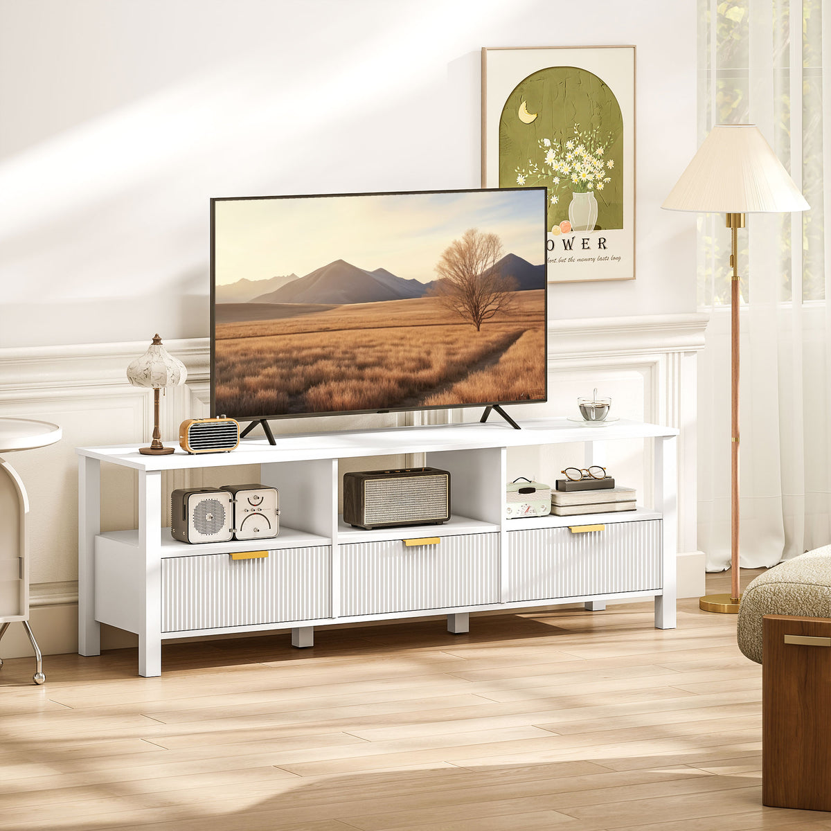 Meuble TV 152 cm, meuble télé pour téléviseur 65 pouces avec 3 tiroirs et 3 étagères ouvertes, 152x39,5x50cm, blanc-1