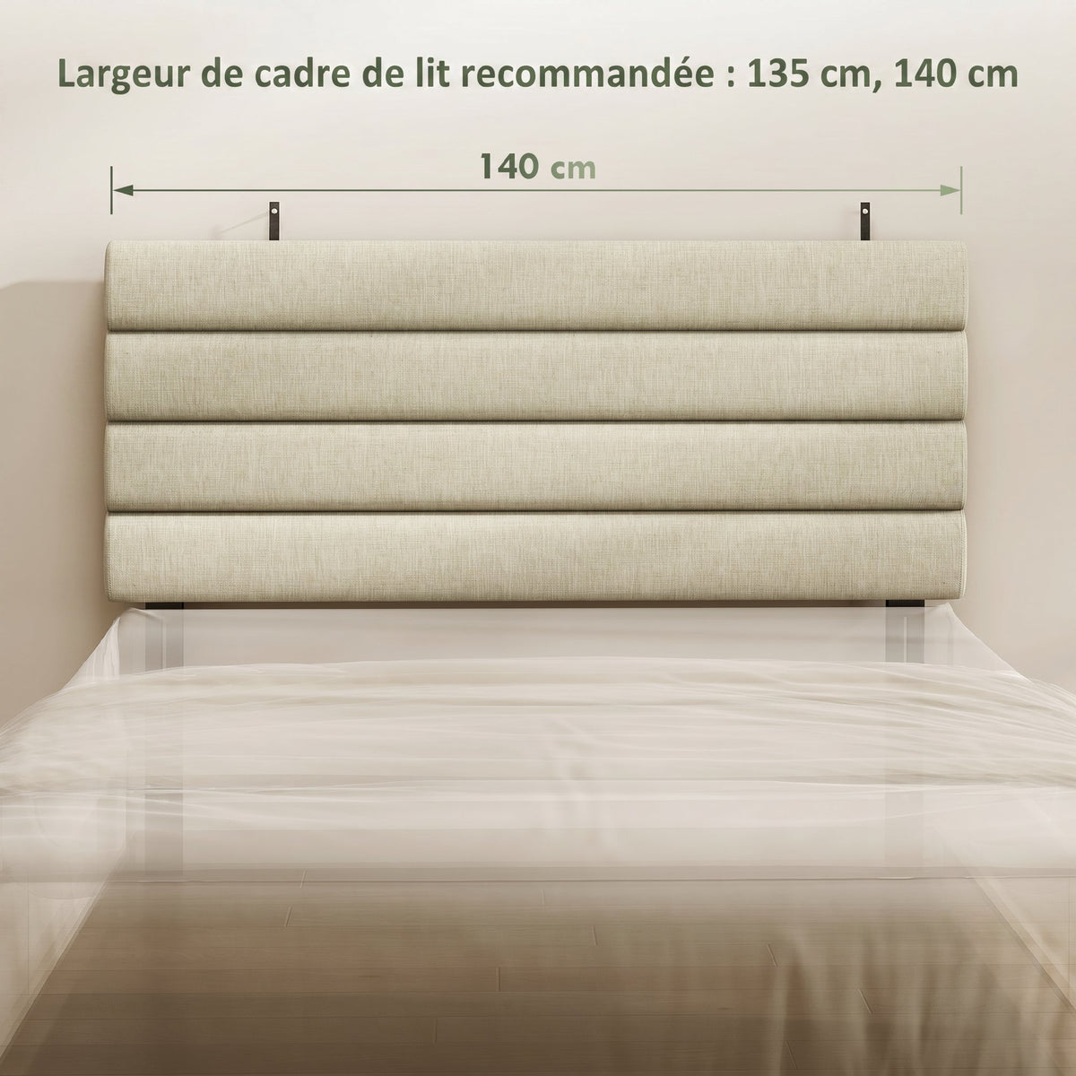 Tête de Lit Capitonnée, Hauteur Ajustable en 3 Niveaux avec Pieds en Métal pour Chambre, 140 x 10 x 106/116/126 cm Beige-3