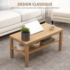 Table basse de salon, table d'appoint rectangulaire à 2 niveaux avec étagère de rangement, 90x45x44,5cm, bois naturel-3