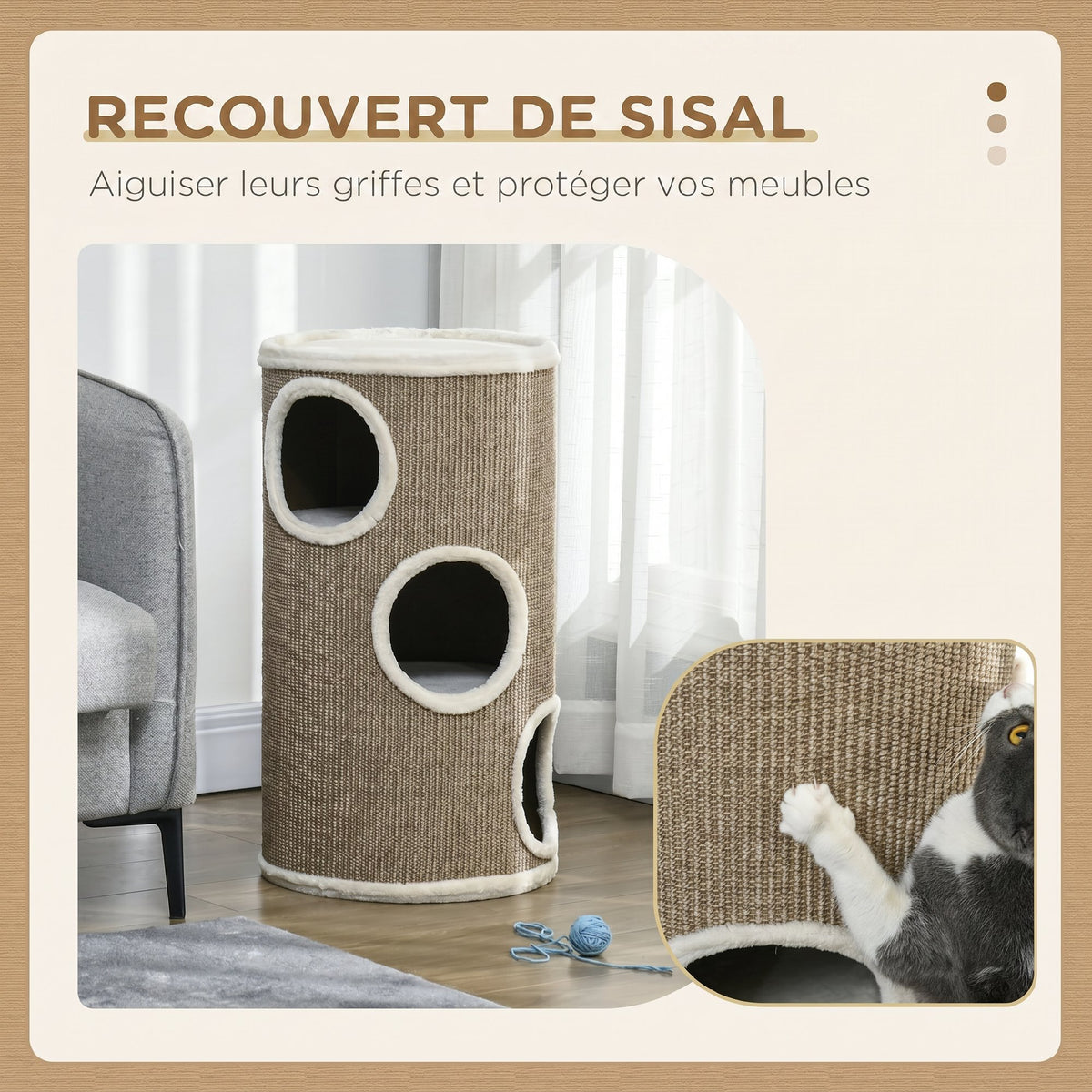 Tonneau à Gratter pour Chat, Tour à Griffer en Sisal à 3 Niveaux Recouvert de Peluche, Ø 38 x 70 cm, Marron-5