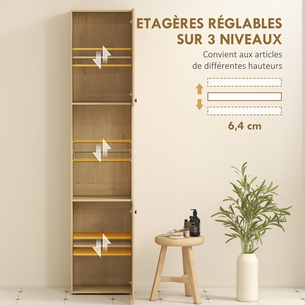 Armoire salle de bain haute, meuble de rangement colonne 6 niveaux 2 portes et étagères réglables, 40x31x182cm, chêne-4