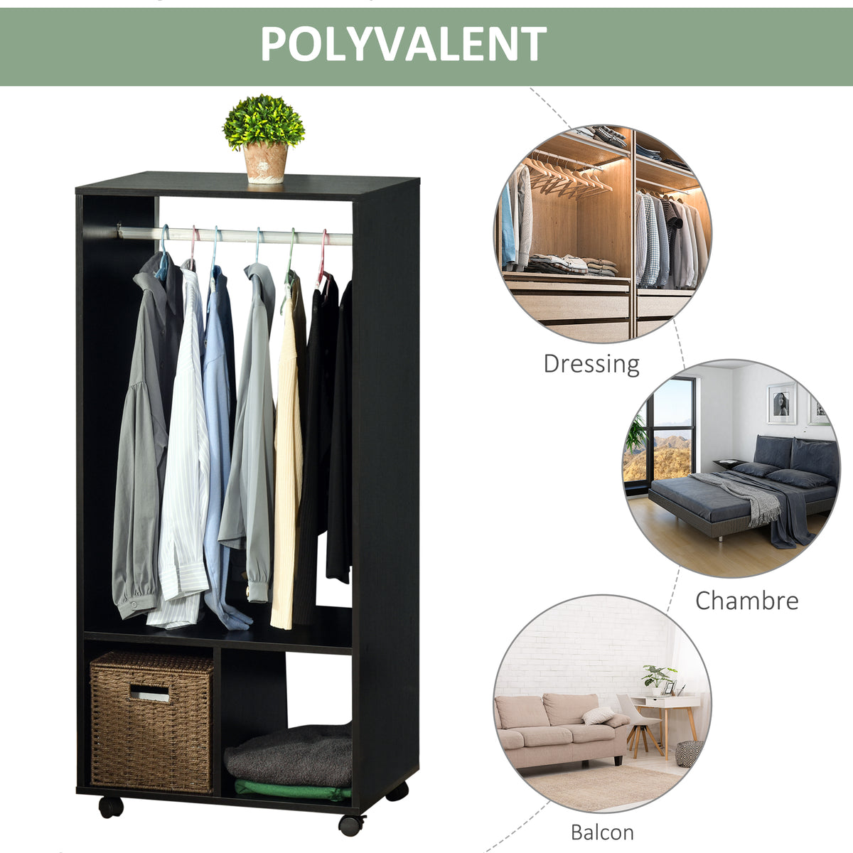 Lot de 2 portants à vêtements penderie mobile avec roulettes 2 niches + Grand Espace penderie en bois noir-5