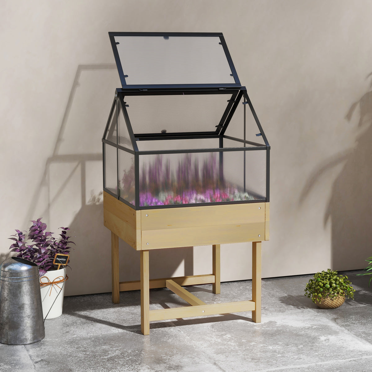 Mini Serre sur Pieds dim. 60L x 57l x 103H cm double toit ouvrable Panneaux de Polycarbonate, acier, Bois Sapin traité-1